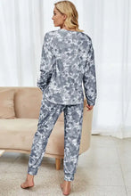 Gray and white tie-dye shiny long sleeve top and drawstring joggers lounge set with tapered pants and full sleeve length