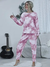 Pink and white tie-dye shiny round neck top and drawstring pants lounge set in comfortable fabric for casual wear