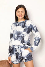 A cozy navy and white tie-dye lounge set with long sleeve length and relaxed fit ideal for casual wear