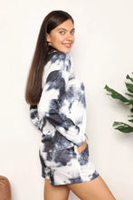 Black and white tie-dye shiny round neck lounge set with short sleeve length top and matching shorts for casual wear