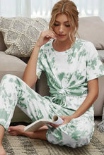 A soft mint green and white tie-dye tee and drawstring waist joggers lounge set with a relaxed fit