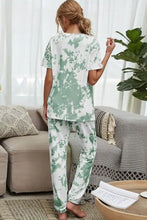 Green and white tie-dye shiny tee and drawstring waist joggers lounge set in soft comfortable fabric