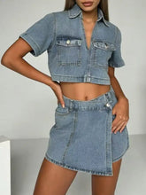 Short sleeve cropped top and skort denim set in light-wash