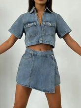 Light-wash denim cropped top and asymmetrical skort set