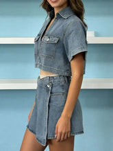 Light-wash denim short sleeve cropped top with collar, pockets, buttons from set