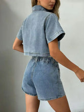 Light-wash denim cropped top and skort set with short sleeves and collar