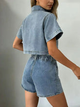 Light blue denim cropped top and skort set with short sleeves and collar