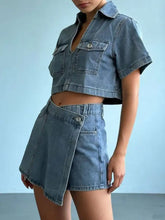 Short sleeve cropped top and skort denim set in light-wash