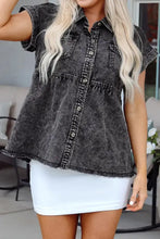 Short Sleeve Flap Pocket Button Up Raw Hem Denim Shirt Woman Denim Tops