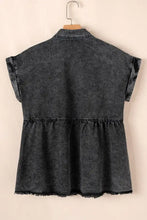 Short Sleeve Flap Pocket Button Up Raw Hem Denim Shirt Woman Denim Tops