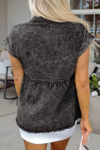 Short Sleeve Flap Pocket Button Up Raw Hem Denim Shirt Woman Denim Tops