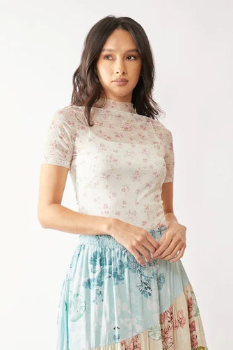 Short Sleeve Floral Mesh Top with Mock Neck INDIAN PINK