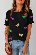 Black short-sleeve sequin round neck T-shirt with colorful bow print