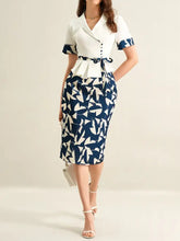 Navy and white geometric peplum pencil skirt in Short Sleeve Top and Skirt Set