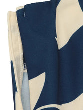 Navy blue cream abstract leaf fabric Short Sleeve Top and Skirt Set back with beige zipper