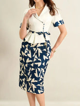 Navy and cream abstract leaf patterned Short Sleeve Top and Skirt Set midi skirt with peplum top