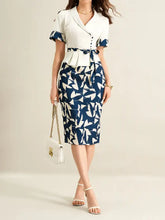 Navy white abstract leaf pencil skirt with matching peplum top set