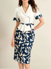 Navy and white abstract leaf pencil skirt with matching peplum top set
