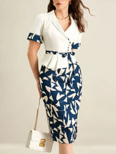 White and navy blue geometric print peplum skirt in Short Sleeve Top and Skirt Set