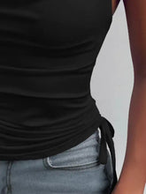 Black ruched tank top with tied side detail made from soft fabric for stylish casual wear