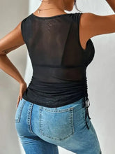 Black sheer mesh tank top with ruched back and adjustable side ties shown from the back side