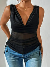 Black sleeveless side drawstring ruched tank with deep v-neckline and sheer mesh panel at the waist