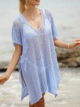 Light blue tied V-neck crochet swimsuit cover-up in size