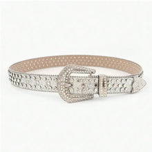 Silver leather rhinestone belt with sparkling square buckle
