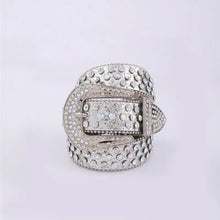 Silver leather rhinestone belt with ornate sparkling buckle