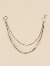 Silver-tone metal chain belt with double layers, O-rings, and carabiner clip