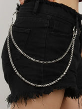 Black denim shorts with silver metal chain belt accent
