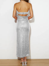 Silver Sequined Strapless Maxi Dress