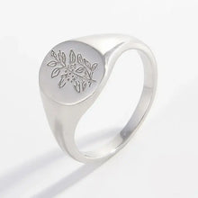 Sterling silver signet ring with engraved floral botanical design