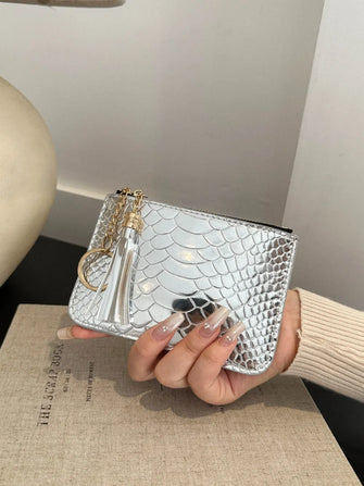 Silver Snakeskin Coin Purse with Tassel and PU Leather Material Silver One Size