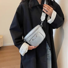 Silver textured PU leather crossbody bag with adjustable strap