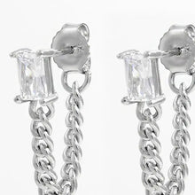 Silver zircon chain earrings with baguette cubic zirconia studs