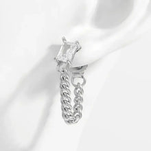 Silver-toned zircon chain earrings with clear rectangular CZ stud