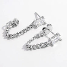 Sterling silver zircon chain earrings with baguette cubic zirconia studs