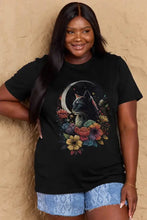 Full-size black cat graphic cotton tee with colorful moon and flowers on round neck t-shirt