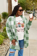 Simply Love coffee graphic short sleeve T-shirt with green white buffalo check cardigan