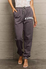 Dark gray drawstring angel graphic long sweatpants with white ANGEL print