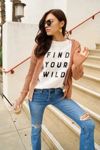 Woman in light brown cardigan, Simply Love wild short sleeve t-shirt, ripped jeans
