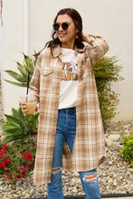 Simply Love brown and white plaid longline shacket with front pockets