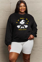 Black long-sleeve Happy Halloween graphic sweatshirt