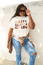 Woman with dreadlocks in Simply Love full size happy short sleeve Thanksgiving t-shirt