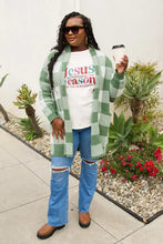 Simply Love full size letter graphic short sleeve T-shirt with green and white plaid long cardigan