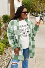 Womens green white checkered cardigan over Simply Love full size letter graphic T-shirt