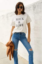 Simply Love full-size Rock white graphic tee with ROCK & LOVE print