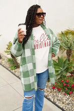 Oversized Simply Love green white buffalo plaid long sleeve knit cardigan with hood and pockets