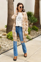 Simply Love green white plaid long cardigan, brown beige tones, button-down